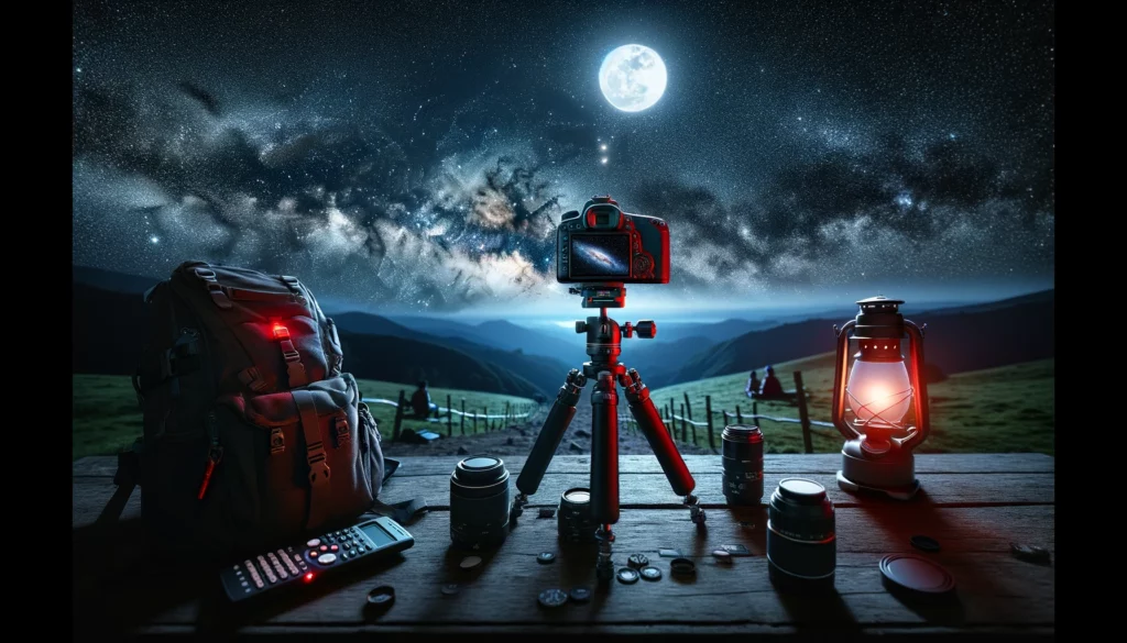DALL·E 2024 02 20 15.39.53 Create an image illustrating tips for night photography under the stars. The scene is set in a serene moonlit landscape with a clear view of the Milk